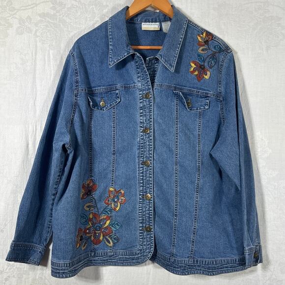 Vintage Jean Jacket 24W Embroidered Beaded Floral Blue Denim Alfred Dunner - Picture 1 of 9